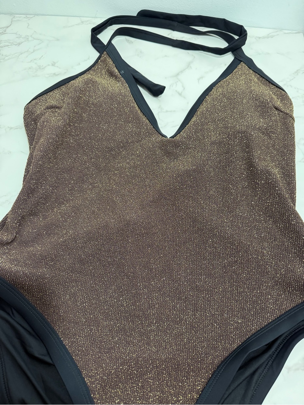 NWT Cupshe Shimmery Glitter Espresso One-Piece Swimsuit with Black Trim - XL - Picture 6 of 10